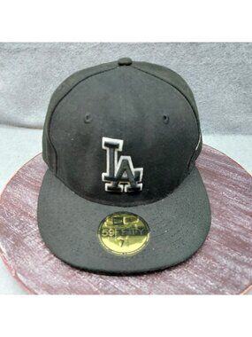 New Era Los Angeles Dodgers 59FIFTY Black Fitted Hat Size 7 3/8 MLB Cap
